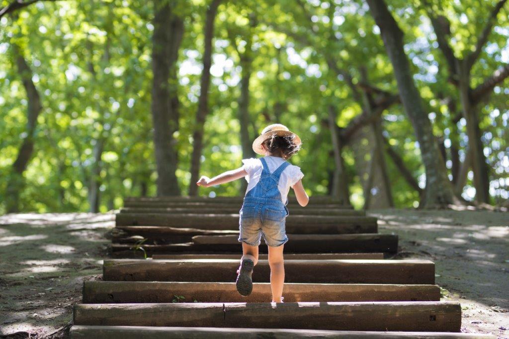 Abbildung eines Kleinkinds, das eine Treppe im Wald hochgeht
