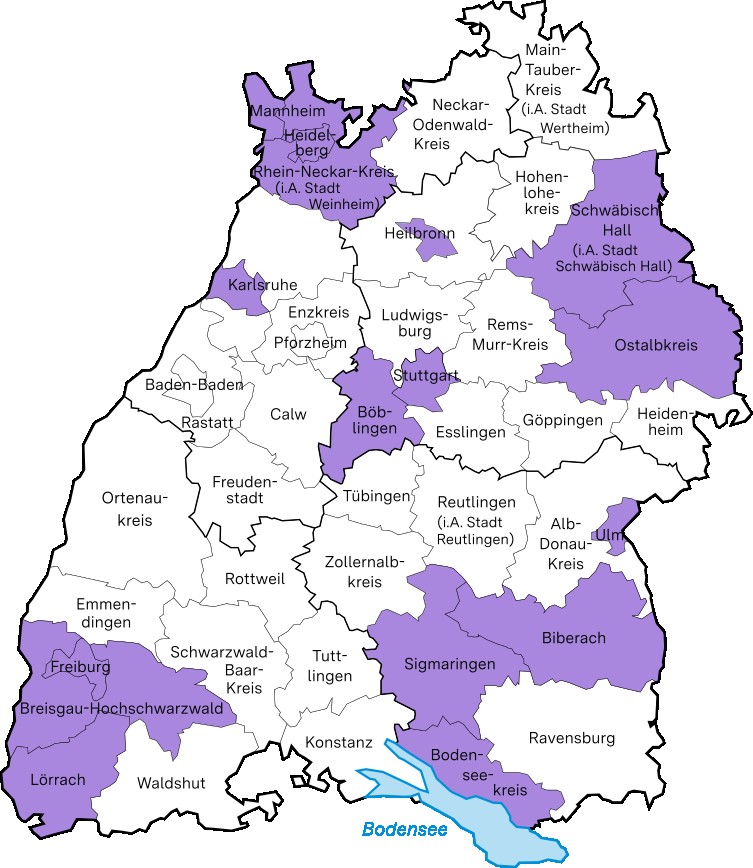 Hier ist die Themenlandkarte Inklusion zu sehen. Eingefärbt sind alle Bildungsregionen, die in diesem Bereich aktiv sind.