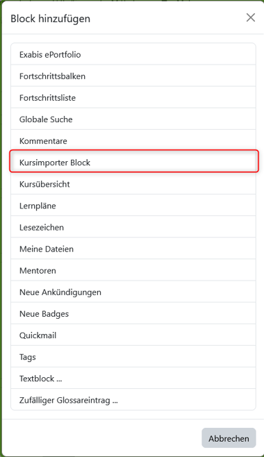 Screenshot Kursimporter Block hinzufügen