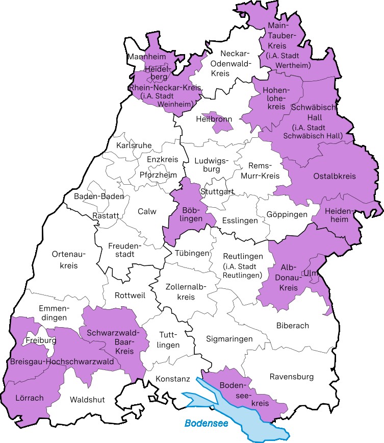 Hier ist die Themenlandkarte Demokratiebildung zu sehen. Eingefärbt sind alle Bildungsregionen, die in diesem Bereich aktiv sind.