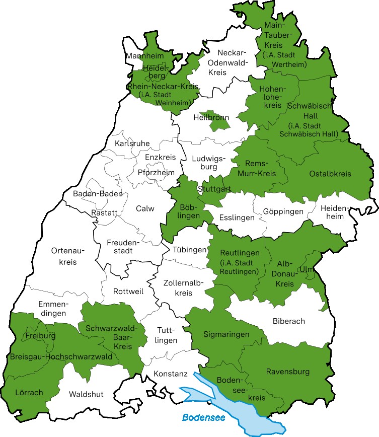 Hier ist die Themenlandkarte Übergang Kita - Grundschule zu sehen. Eingefärbt sind alle Bildungsregionen, die in diesem Bereich aktiv sind.