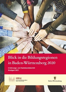 Abgebildet ist das Titelblatt zum aktuellen Erfahrungs- und Sachstandsbericht im Landesprogramm Bildungsregionen. Vernetzung, symbolisiert durch einen Kreis aus zusammengelegten Armen und Händen