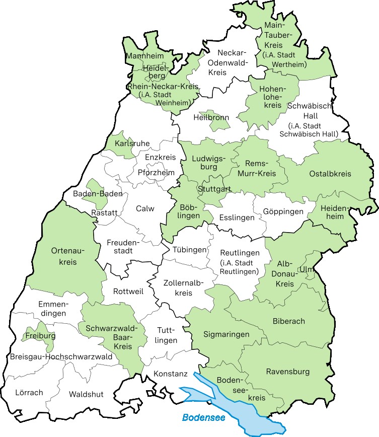 Hier ist die Themenlandkarte Übergang Schule - Beruf zu sehen. Eingefärbt sind alle Bildungsregionen, die in diesem Bereich aktiv sind.
