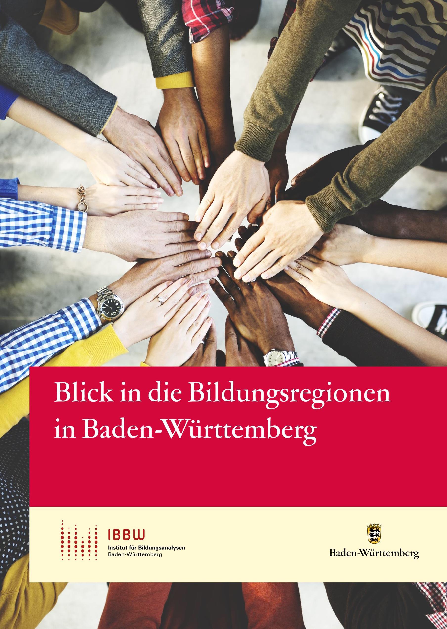 Abgebildet ist das Titelblatt zum aktuellen Erfahrungs- und Sachstandsbericht im Landesprogramm Bildungsregionen. Vernetzung, symbolisiert durch einen Kreis aus zusammengelegten Armen und Händen