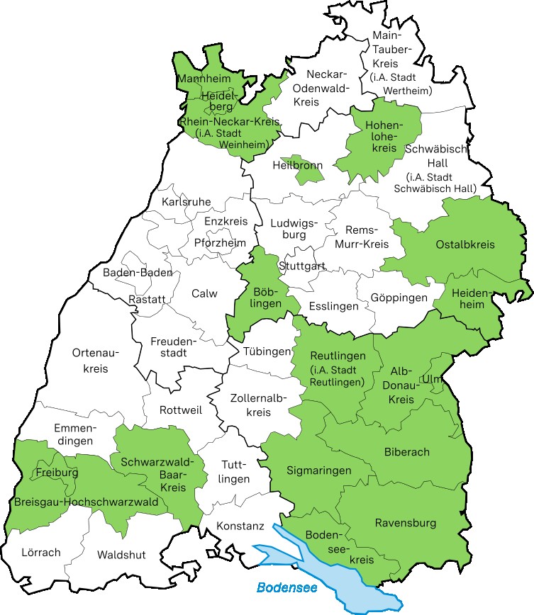 Hier ist die Themenlandkarte Schulische Übergänge zu sehen. Eingefärbt sind alle Bildungsregionen, die in diesem Bereich aktiv sind.