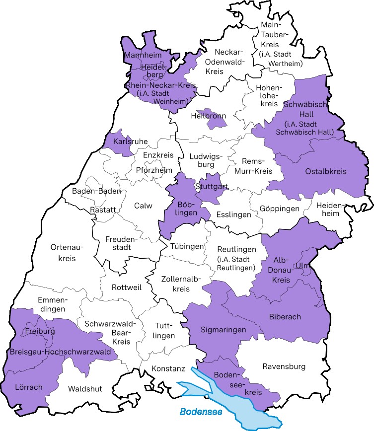 Hier ist die Themenlandkarte Inklusion zu sehen. Eingefärbt sind alle Bildungsregionen, die in diesem Bereich aktiv sind.