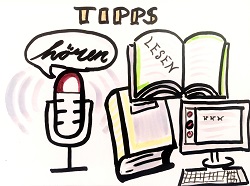 Skizze von Mikrofon, Buch und PC