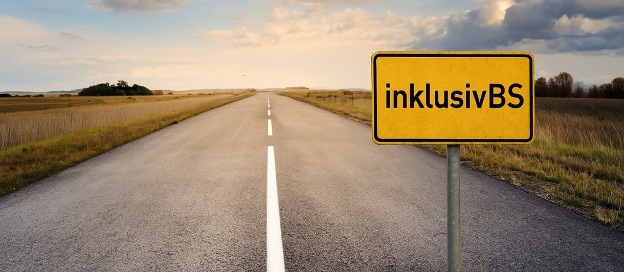Straße mit Straßenschild  mit der Aufschrift inklusivBS 
